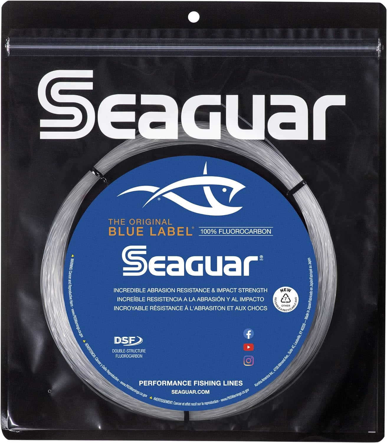 Seaguar Blue Label Big Game 100% Flourocarbon Fishing Line (DSF), 90lbs, 30 meters Break Strength/Length - 90FC30