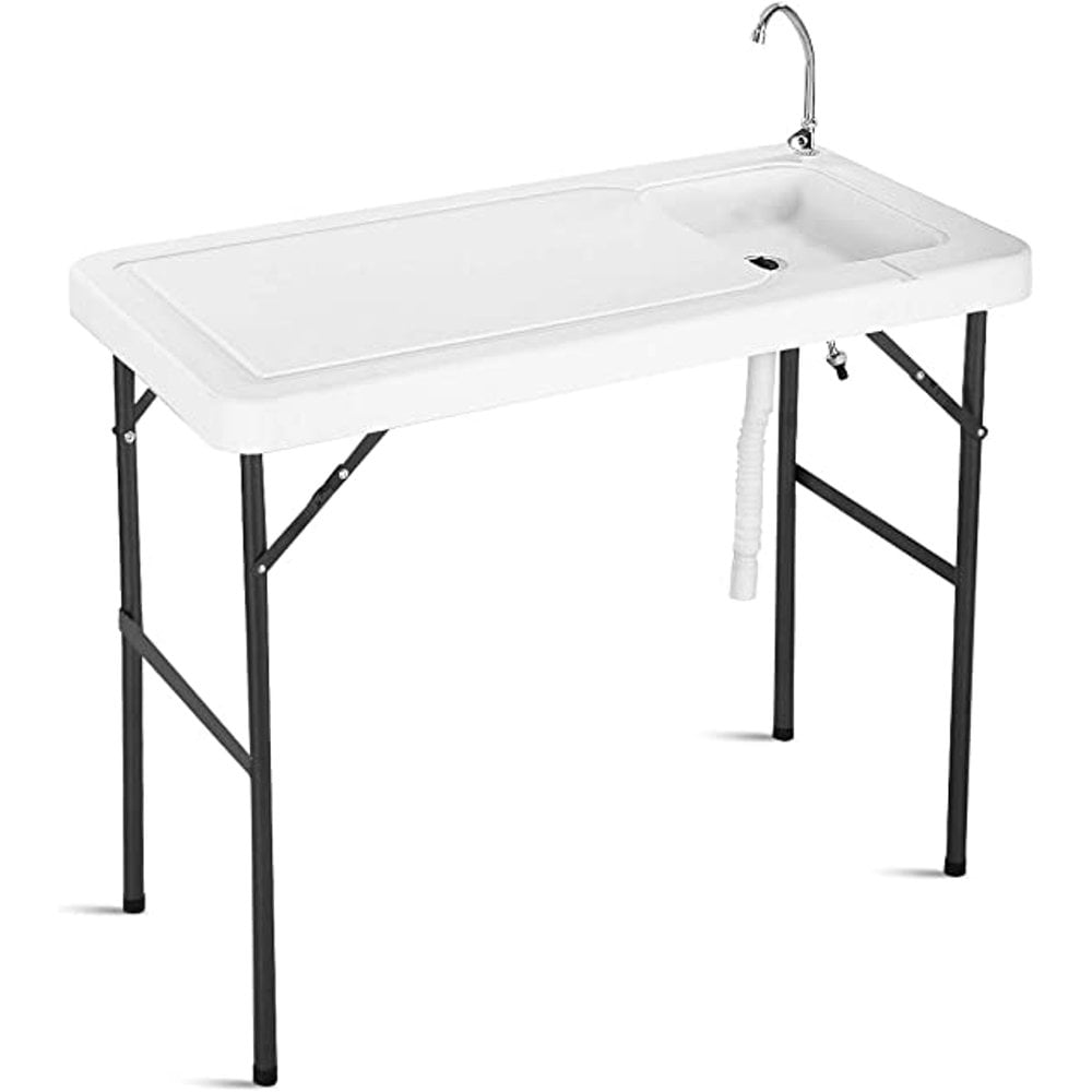 Tcbosik Portable Fish Cleaning Table with Sink, Folding Outdoor Camping Sink Station with Hose Hook Up, Heavy Duty Fillet Table with Faucet for Dock Beach Patio Picnic
