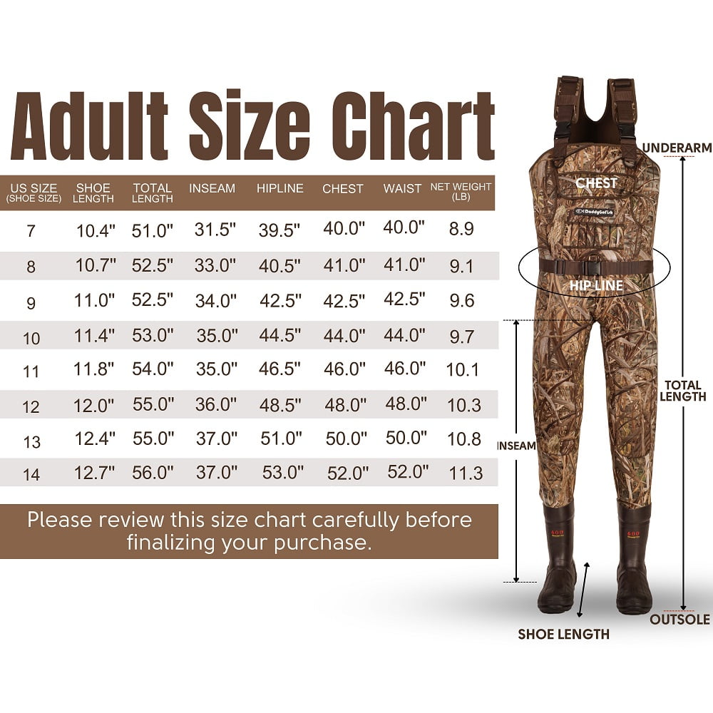 DaddyGoFish Neoprene Chest Waders for Kids and Adults | Waterproof BootFoot Waders | Fishing and Hunting Waders with a Camouflage Caps, and a Wader Hanger