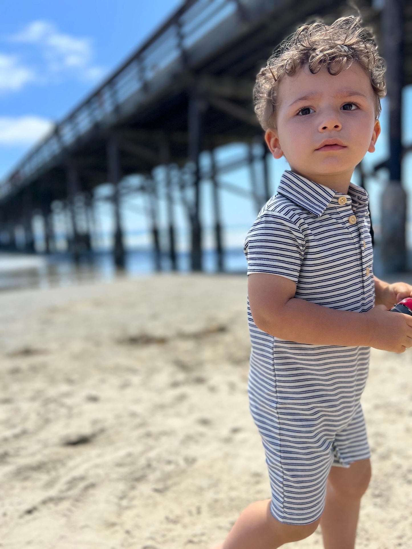 Me & Henry Drift Blue/Cream Stripe Pique Polo Romper