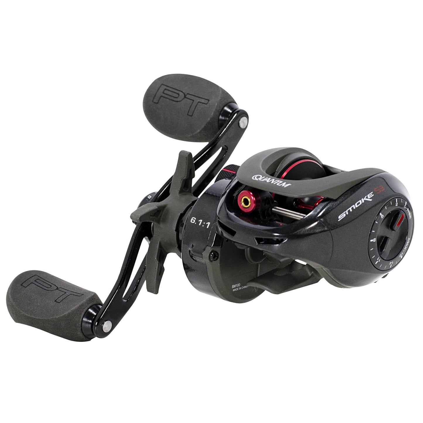 Quantum Smoke Baitcast Fishing Reel, Size 100 Reel, Right-Hand Retrieve, Large EVA Handle Knobs and Continuous Anti-Reverse Clutch, 10+1 Bearings, 6.3:1 Gear Ratio, Black