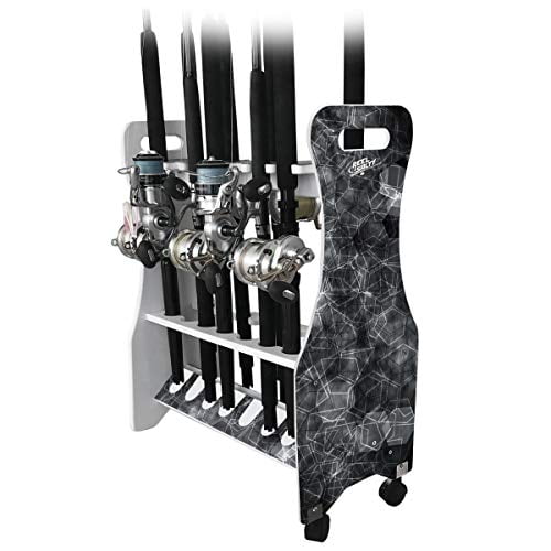 Rush Creek Creations Reel Salty Offshore and Inshore Waterproof Marine Grade 16 Rolling Fishing Rod Holder Dock/Garage Storage Rack, Gray/White, 29.8' L x 11.6' W x 30.9' H