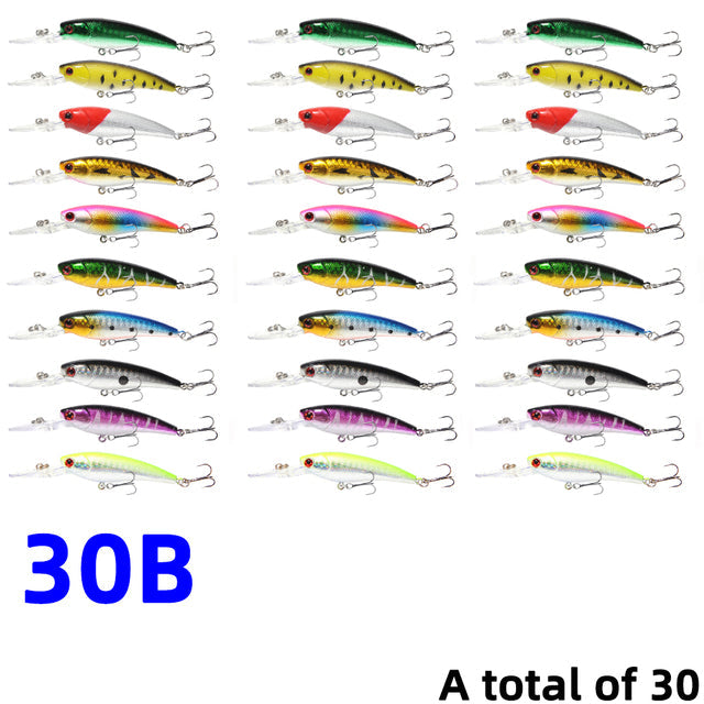 30Pcs/20Pcs/10Pcs Minnow Set Hard Bait Fishing Lure Bass Pike Fresh Salt Water Sea 3D Eyes Wobbler Tackle Crankbait Pesca Kit